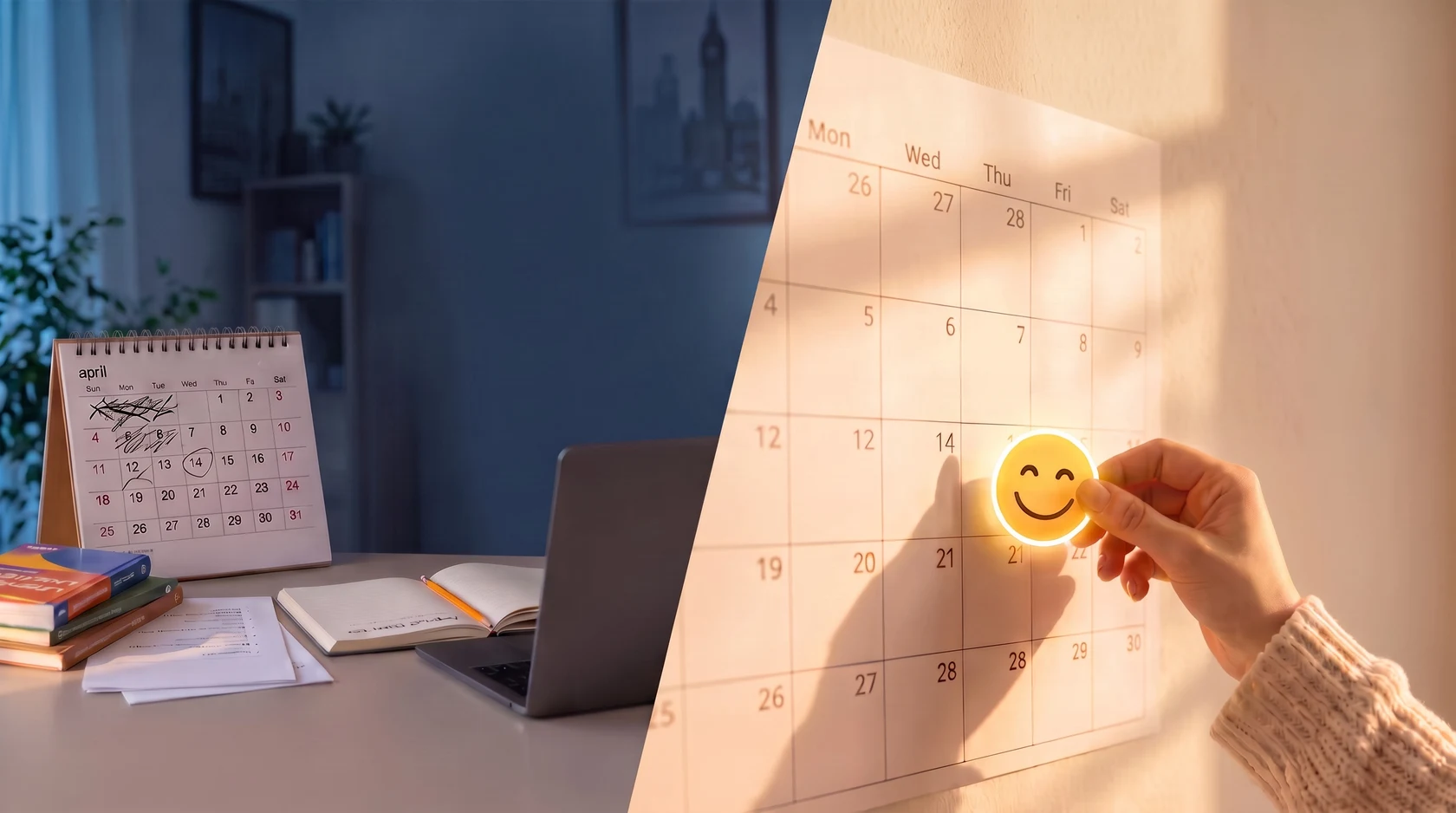 a crossed-out calendar and a hand placing a smile sticker